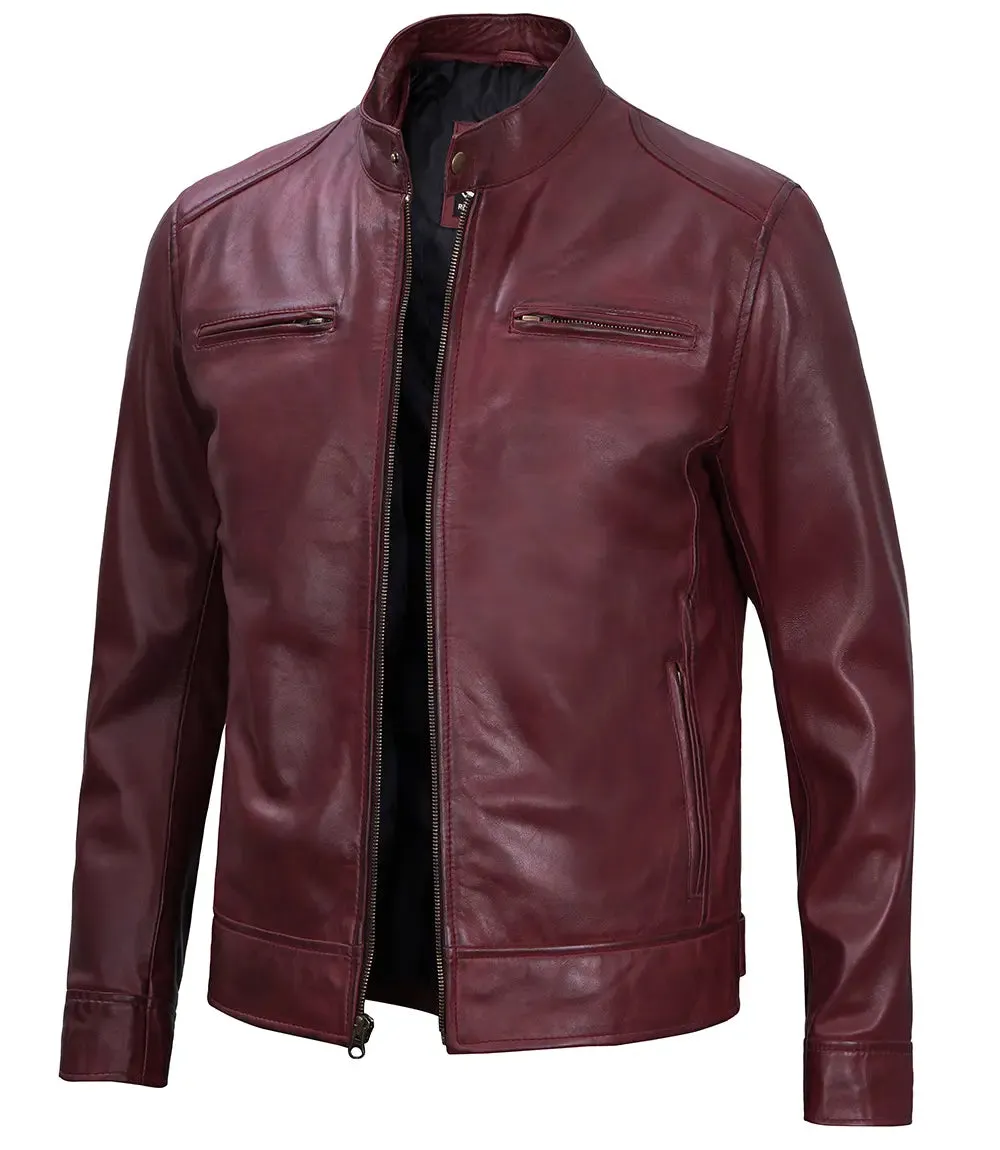 Dodge Men's Maroon Cafe Racer Leather Jacket