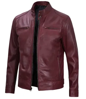 Dodge Men's Maroon Cafe Racer Leather Jacket