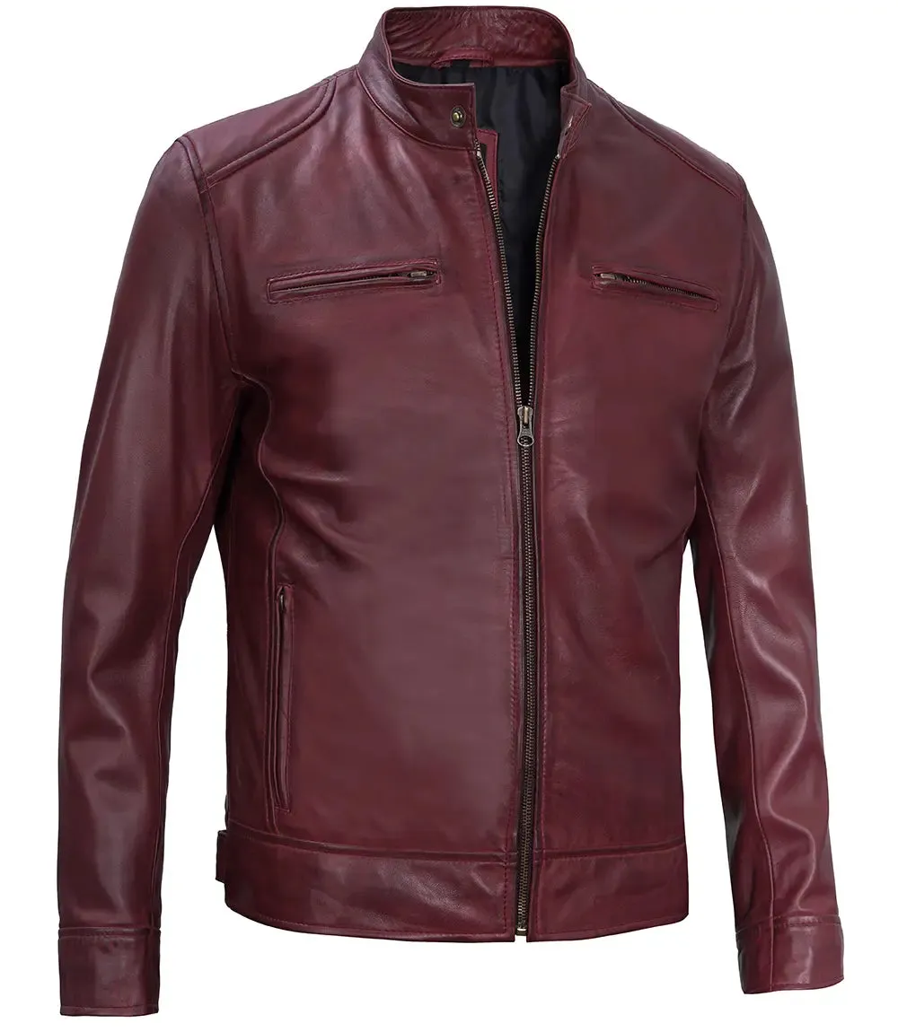 Dodge Men's Maroon Cafe Racer Leather Jacket