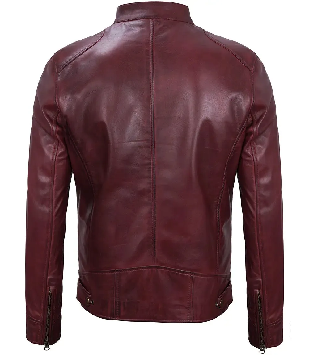 Dodge Men's Maroon Cafe Racer Leather Jacket