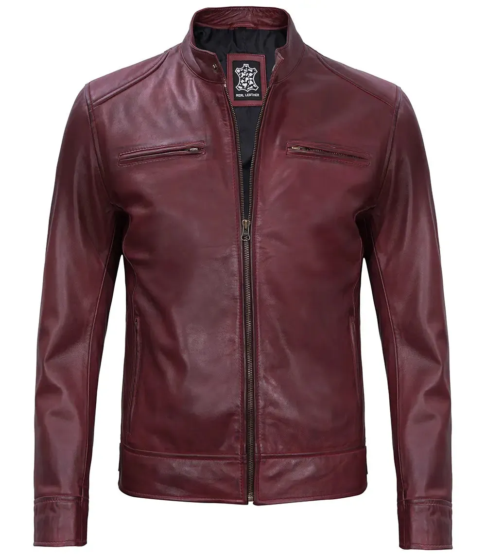 Dodge Men's Maroon Cafe Racer Leather Jacket