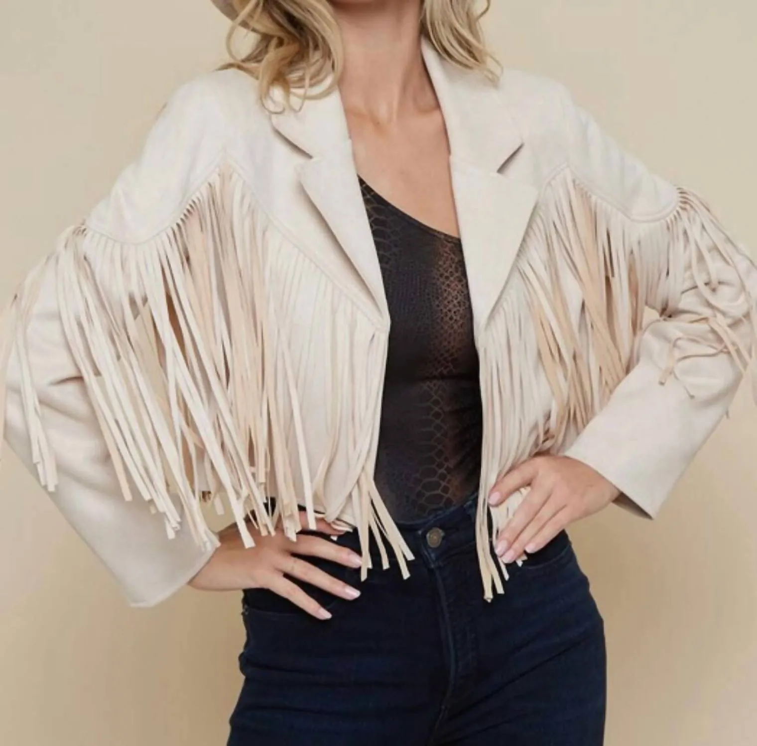Dutton Suede Fringe Motto Jackets In Cream