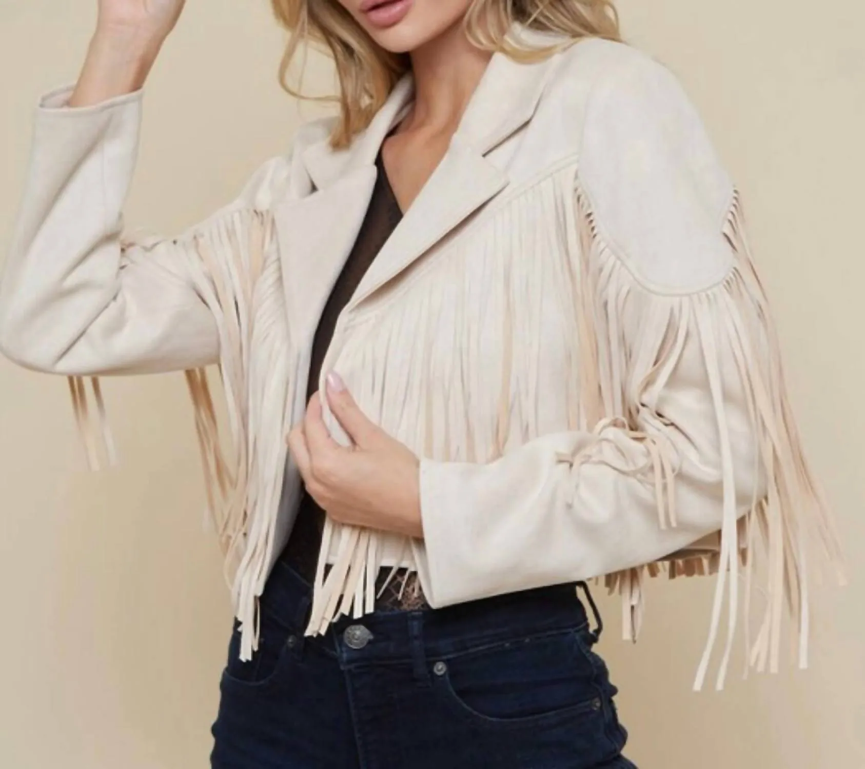 Dutton Suede Fringe Motto Jackets In Cream