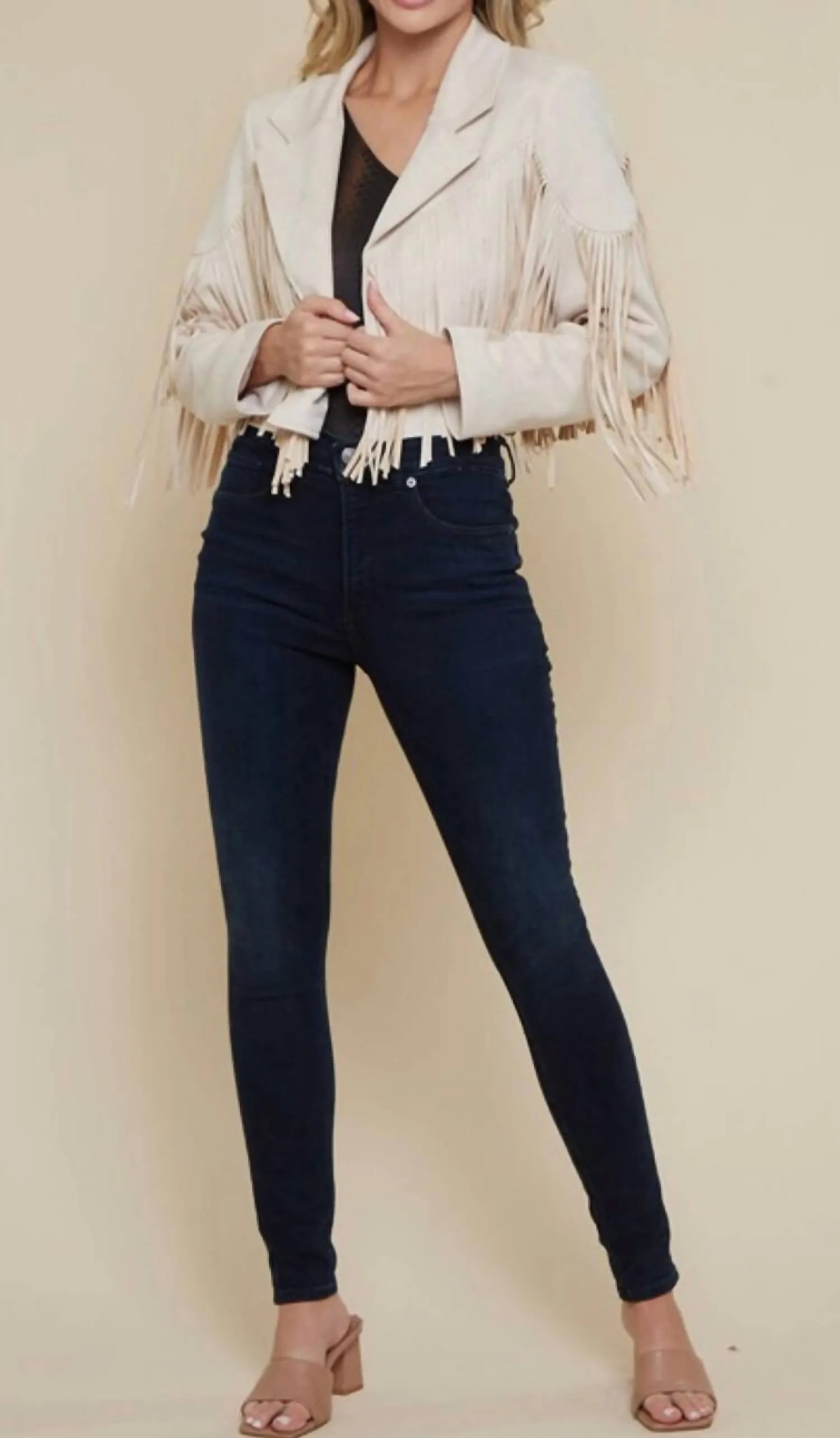 Dutton Suede Fringe Motto Jackets In Cream