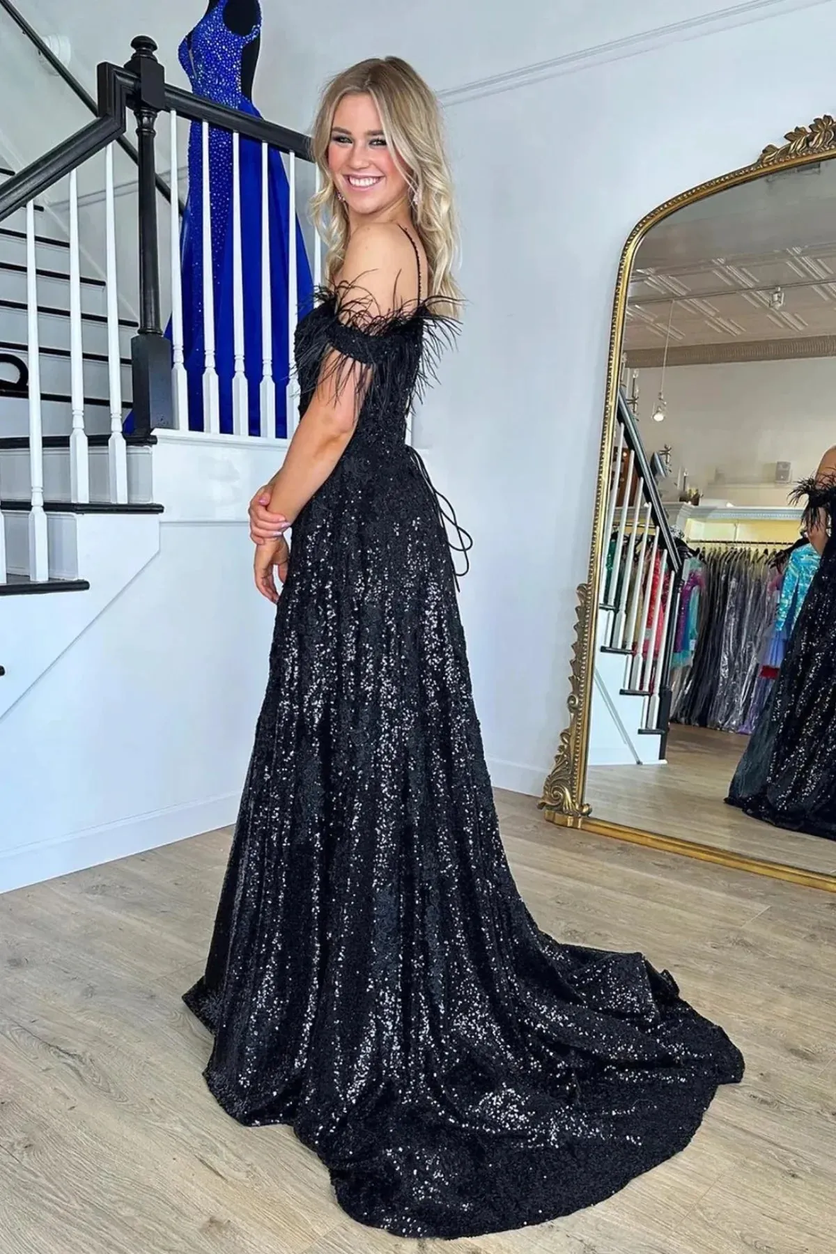 Feather Off-Shoulder A-Line Empire Sparkly Party Prom Dress