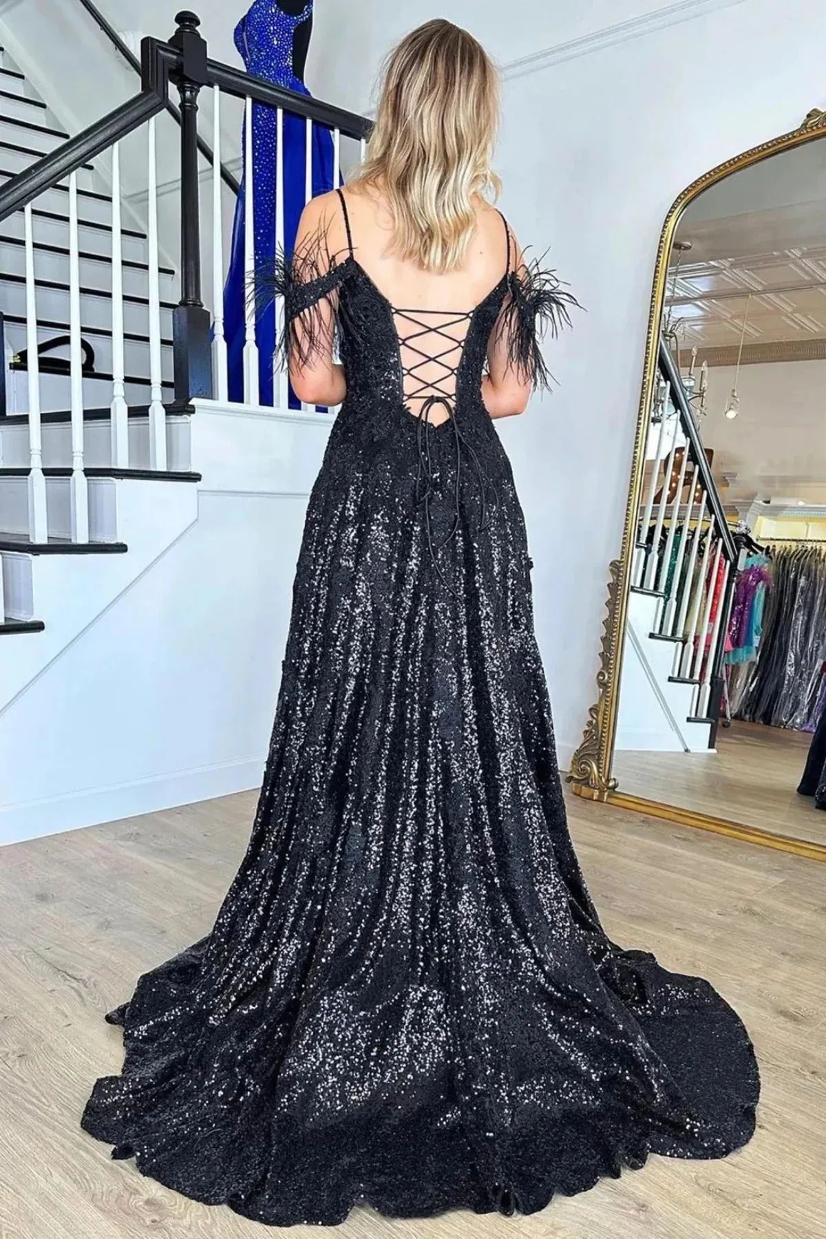 Feather Off-Shoulder A-Line Empire Sparkly Party Prom Dress
