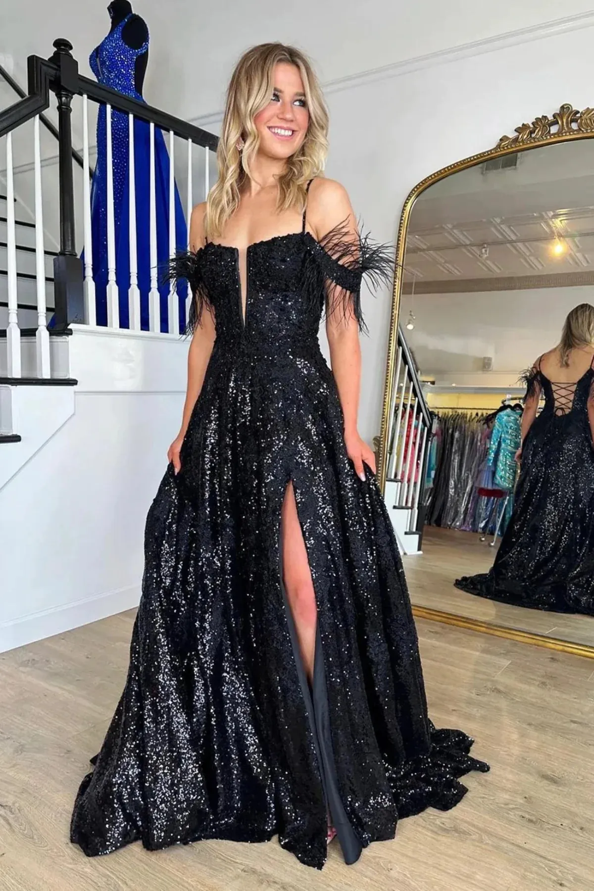 Feather Off-Shoulder A-Line Empire Sparkly Party Prom Dress