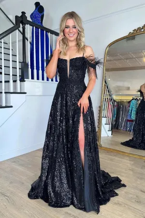 Feather Off-Shoulder A-Line Empire Sparkly Party Prom Dress