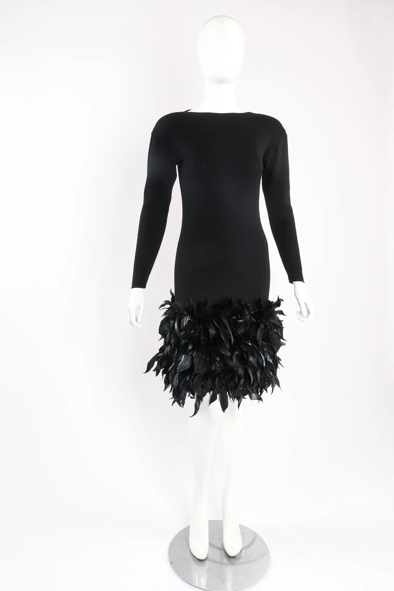 Feather Trimmed Sweater Knit Dress