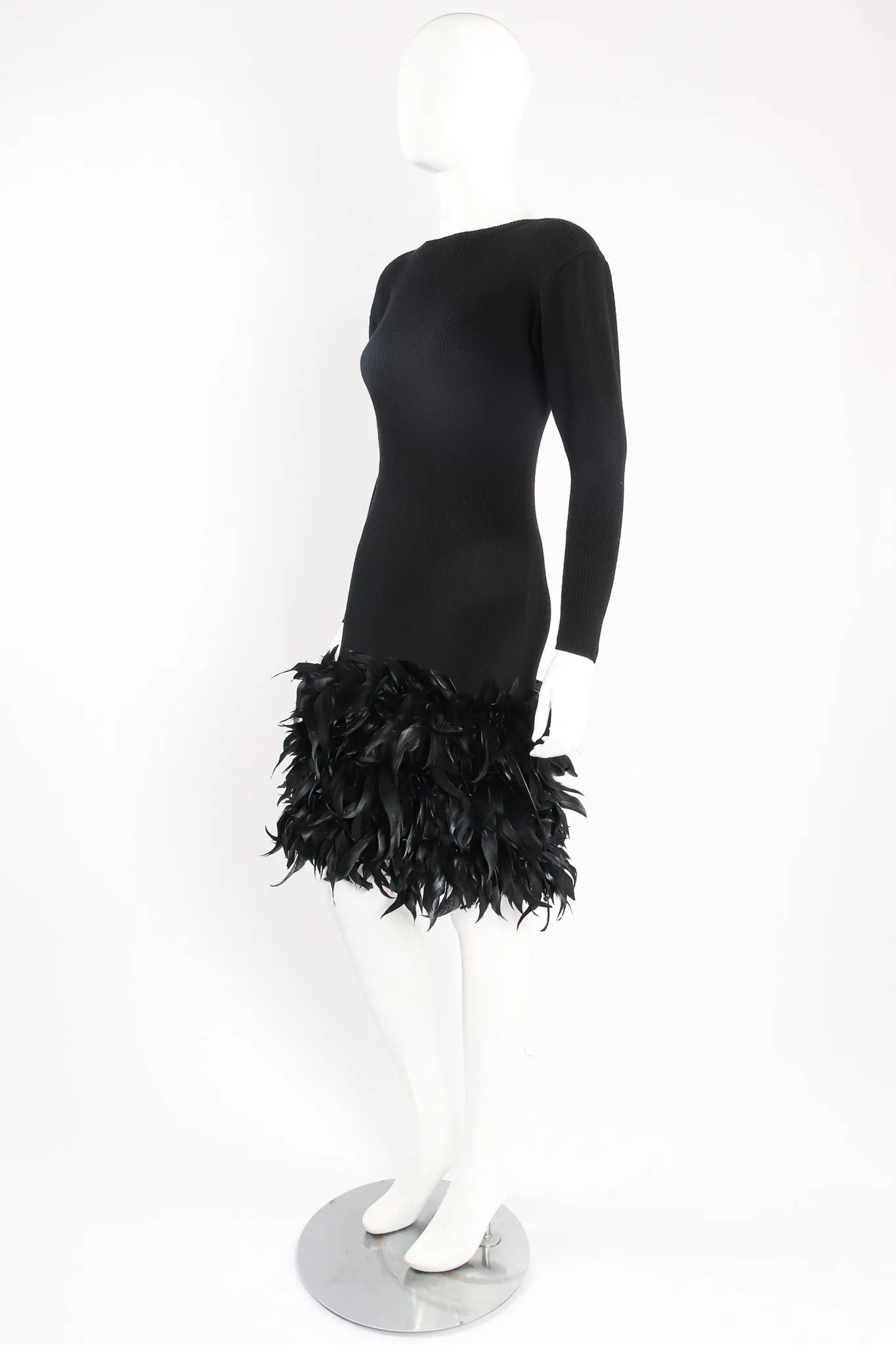 Feather Trimmed Sweater Knit Dress