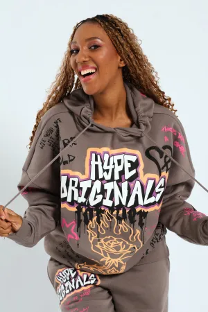 Graphic Printed Oversized Hoody - Charcoal