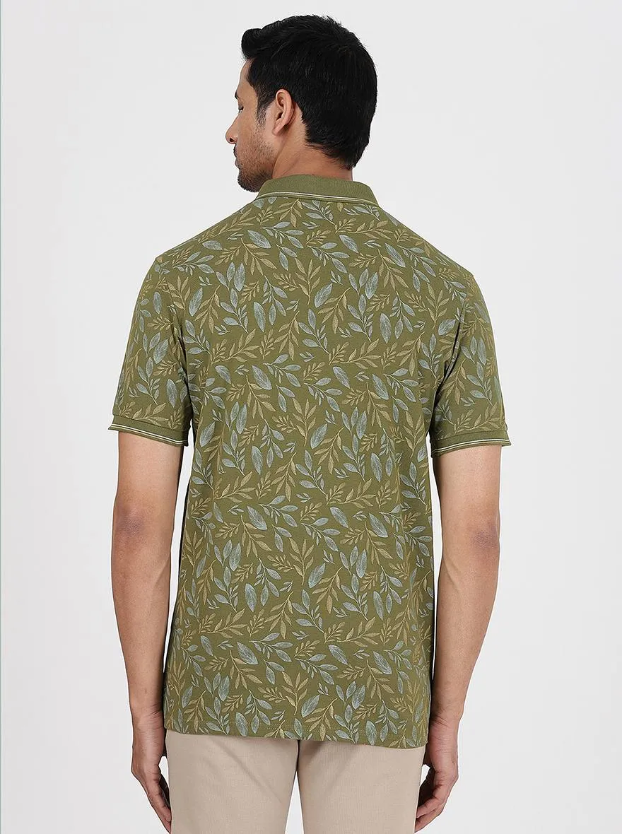 Green Printed Slim Fit Polo T-Shirt | JadeBlue