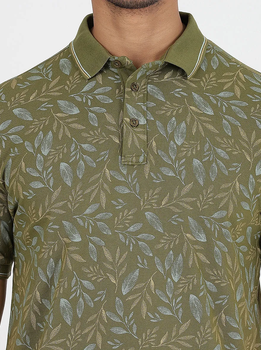 Green Printed Slim Fit Polo T-Shirt | JadeBlue