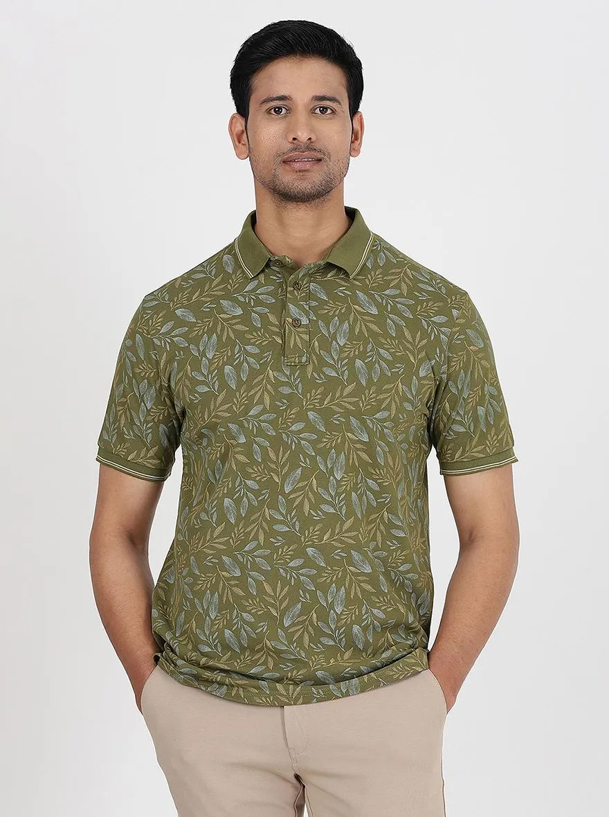 Green Printed Slim Fit Polo T-Shirt | JadeBlue