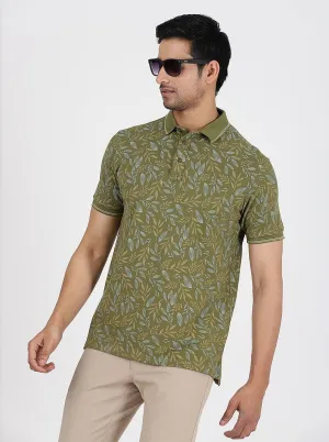 Green Printed Slim Fit Polo T-Shirt | JadeBlue