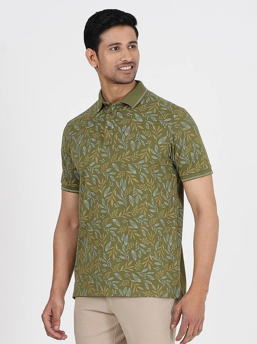 Green Printed Slim Fit Polo T-Shirt | JadeBlue