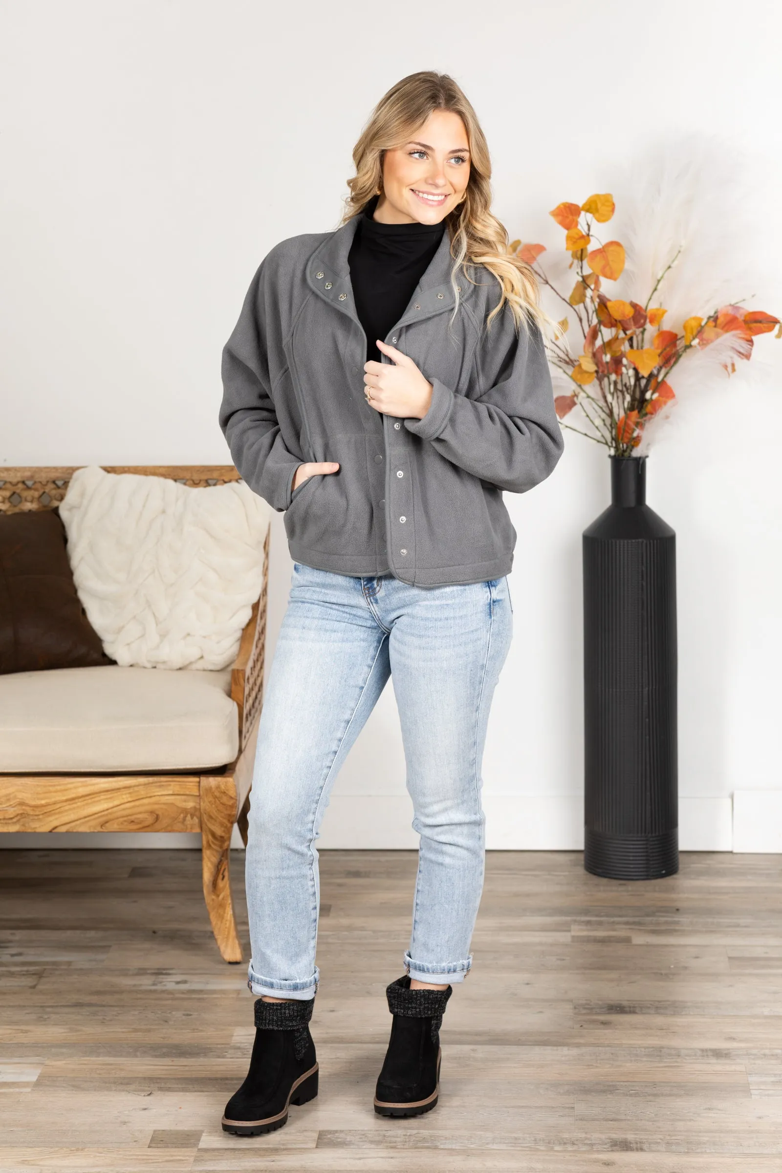 Grey Fleece Button Down Jacket with Pockets