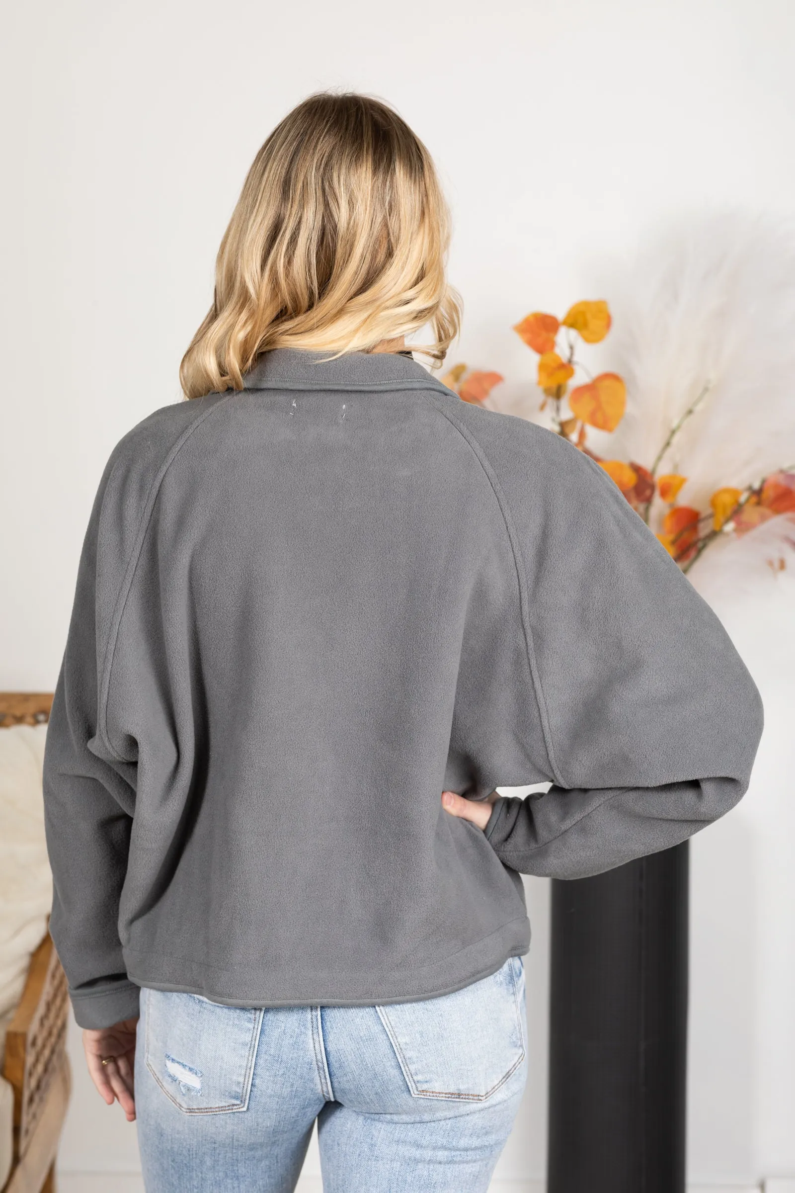 Grey Fleece Button Down Jacket with Pockets