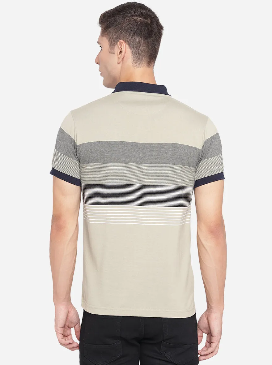 Grey Striped Slim Fit Polo T-Shirt | Greenfibre