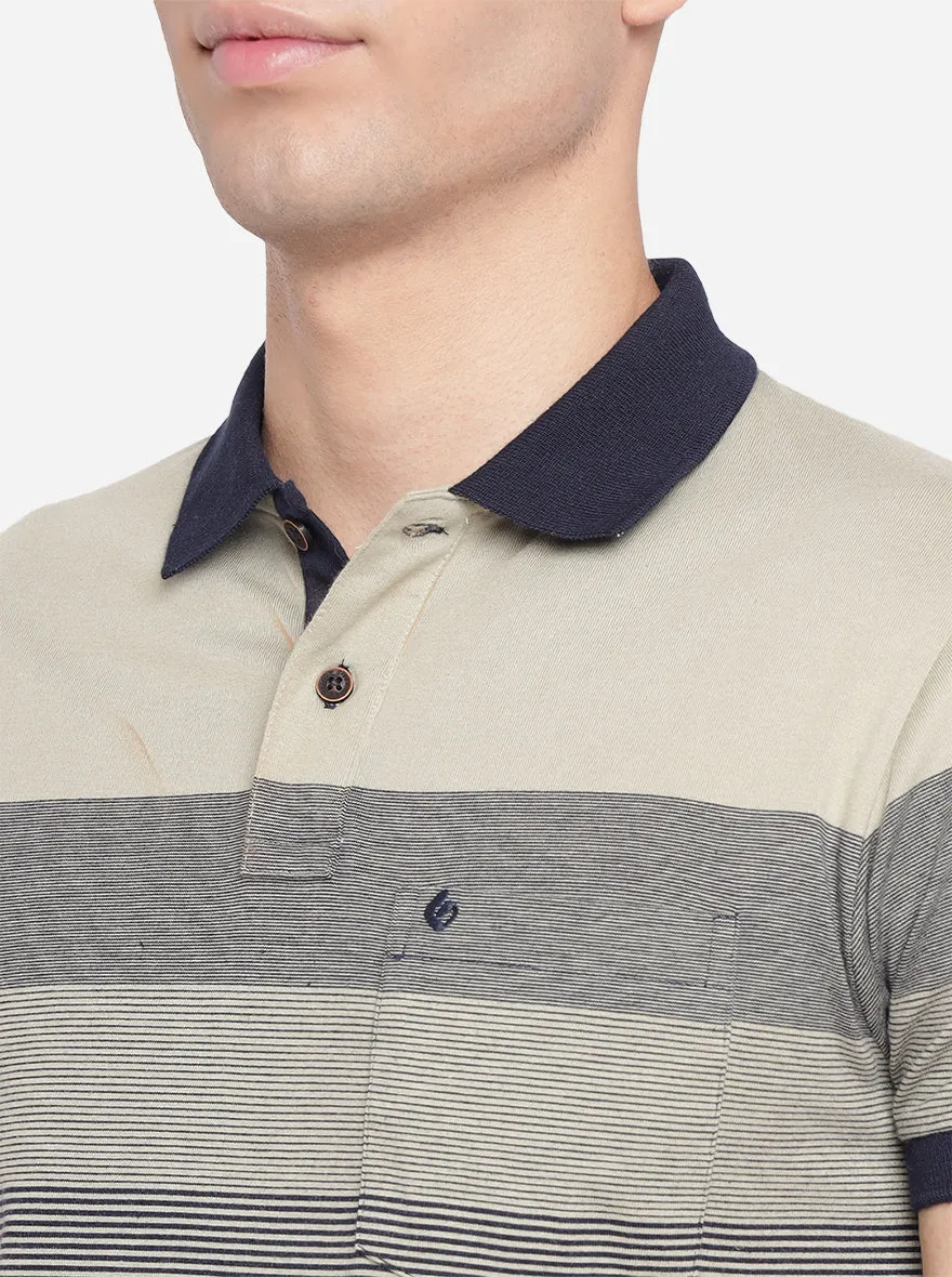 Grey Striped Slim Fit Polo T-Shirt | Greenfibre
