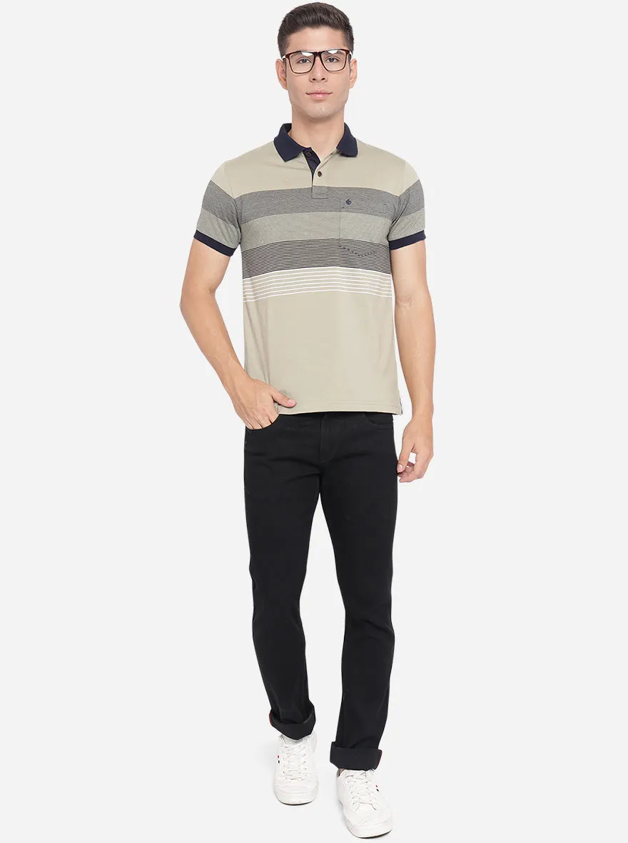 Grey Striped Slim Fit Polo T-Shirt | Greenfibre