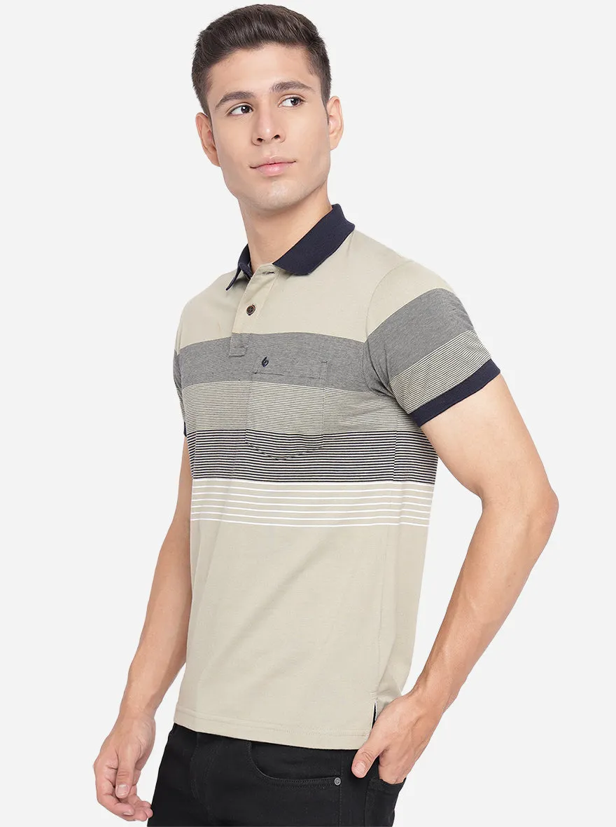 Grey Striped Slim Fit Polo T-Shirt | Greenfibre
