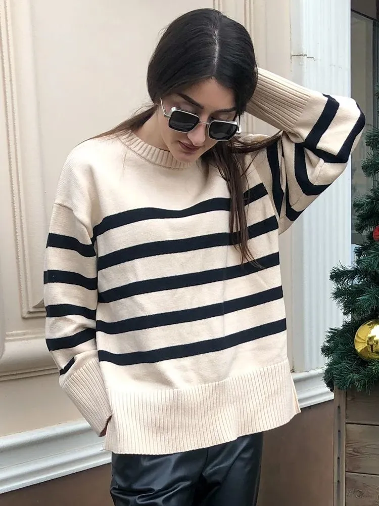 JazzHer Ladies Vintage Autumn Winter Sweater Women Pullovers Oversized Loose Striped Casual Knit Jumper Women Sweaters Tops Female
