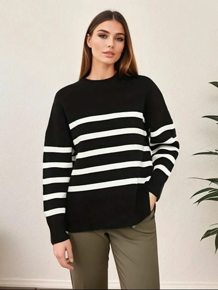 JazzHer Ladies Vintage Autumn Winter Sweater Women Pullovers Oversized Loose Striped Casual Knit Jumper Women Sweaters Tops Female