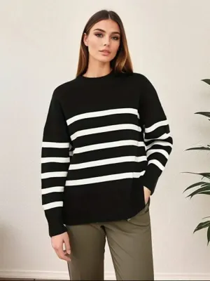 JazzHer Ladies Vintage Autumn Winter Sweater Women Pullovers Oversized Loose Striped Casual Knit Jumper Women Sweaters Tops Female