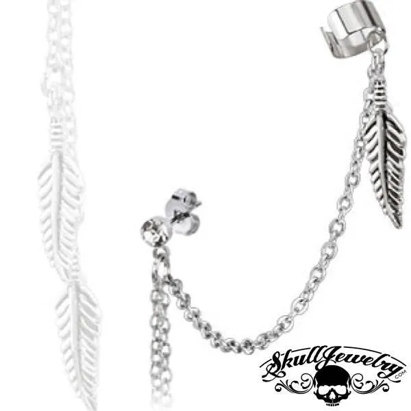 'Josefine' Feather Dangles w/ Stud Chain Earring & End Clip (#e004)
