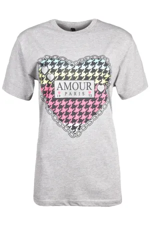 Ladies Grey Heart Amour Print T-Shirt