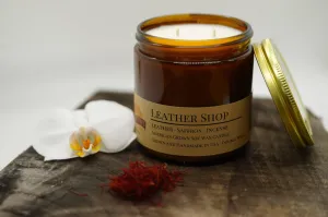 Leather Shop Soy Wax Candle | 16 oz Double Wick Amber Apothecary Jar