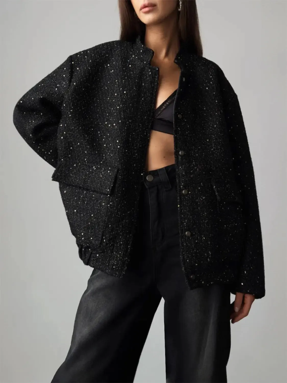 'Luna' Textured Sequin Bomber Jacket
