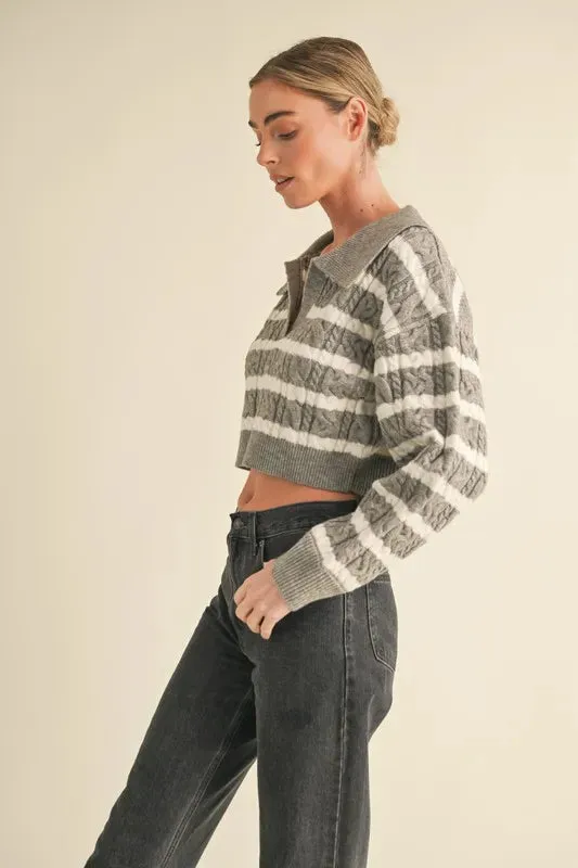 MABLE Pale Collared Striped Cropped Cable Knit Sweater