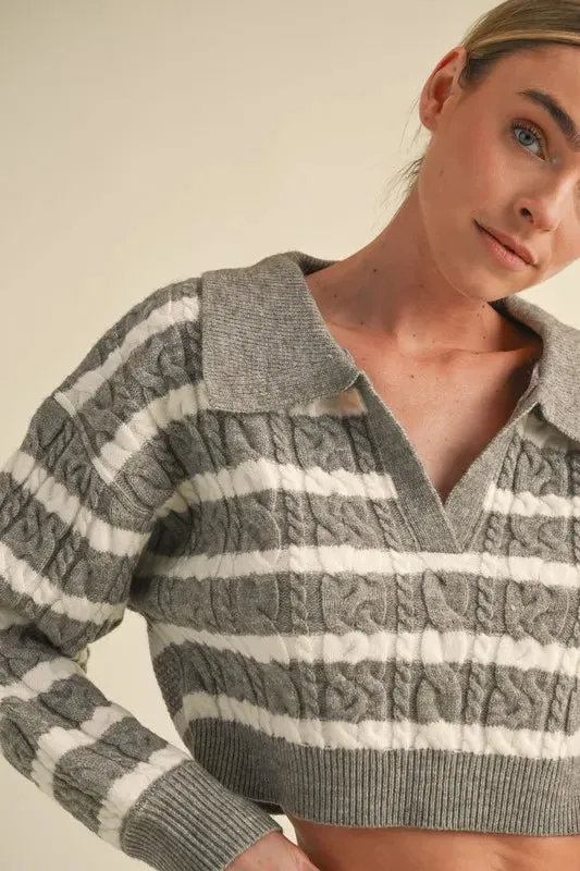 MABLE Pale Collared Striped Cropped Cable Knit Sweater