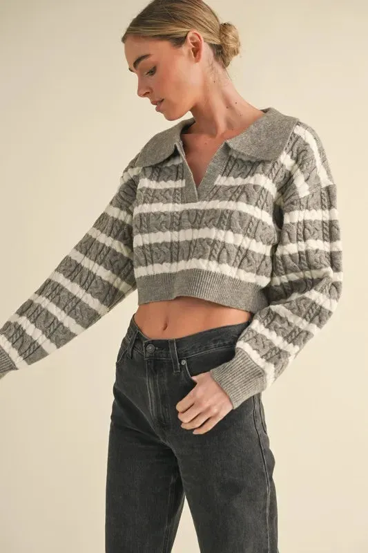 MABLE Pale Collared Striped Cropped Cable Knit Sweater
