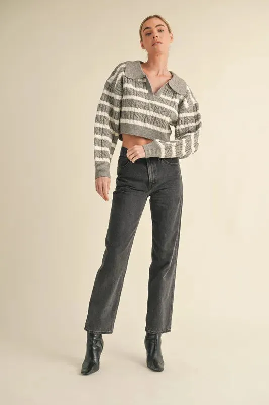 MABLE Pale Collared Striped Cropped Cable Knit Sweater