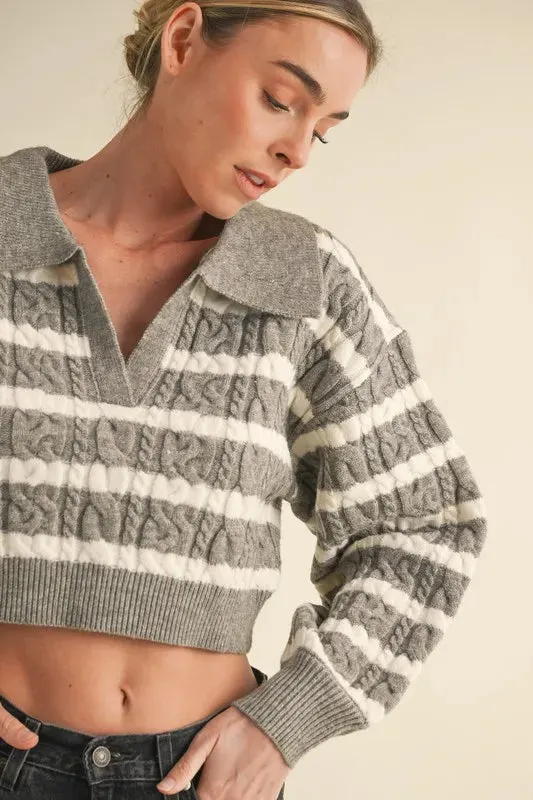 MABLE Pale Collared Striped Cropped Cable Knit Sweater