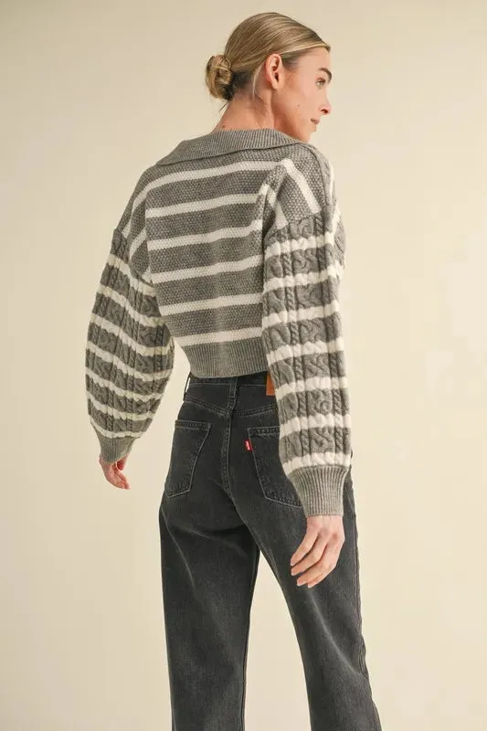 MABLE Pale Collared Striped Cropped Cable Knit Sweater