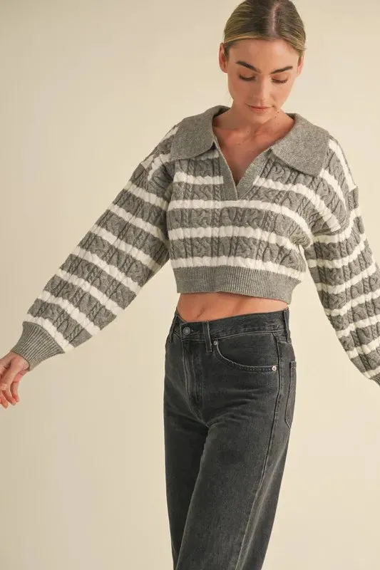 MABLE Pale Collared Striped Cropped Cable Knit Sweater