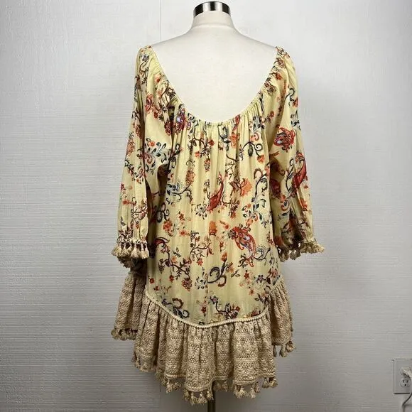 Mira Dress S Womens Yellow Boho Floral Print Lace Oversized Long Sleeves Mini