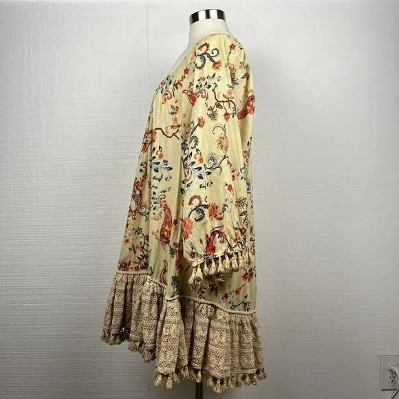 Mira Dress S Womens Yellow Boho Floral Print Lace Oversized Long Sleeves Mini