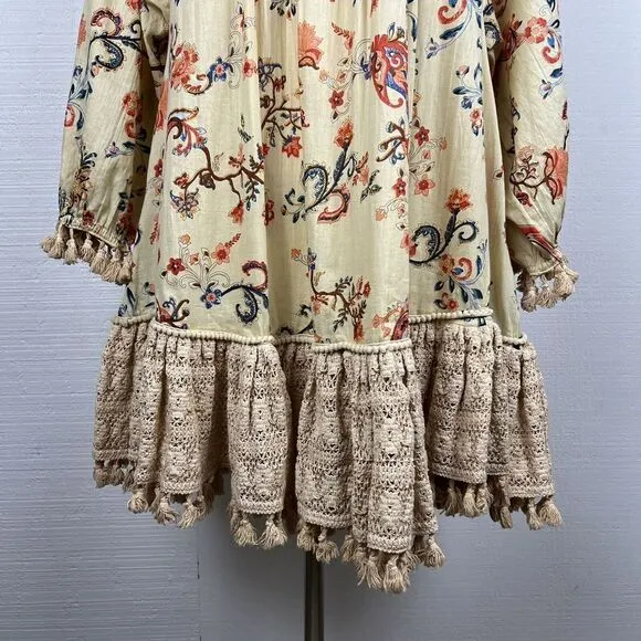 Mira Dress S Womens Yellow Boho Floral Print Lace Oversized Long Sleeves Mini