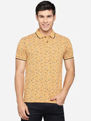 Mustard Yellow Printed Slim Fit Polo T-Shirt | Greenfibre