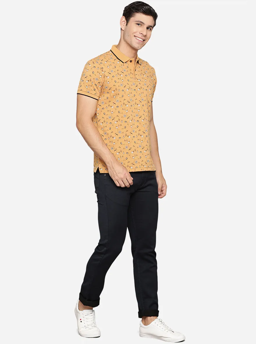 Mustard Yellow Printed Slim Fit Polo T-Shirt | Greenfibre