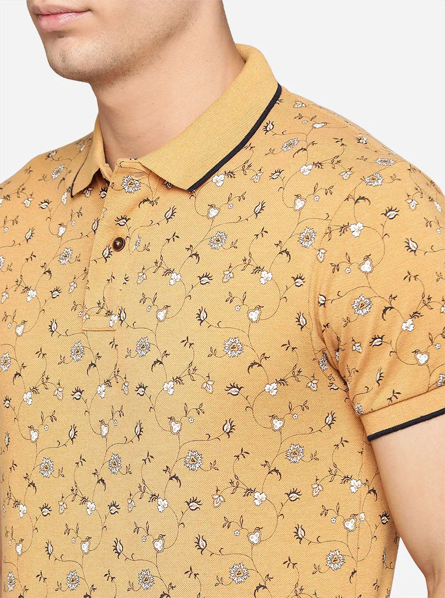 Mustard Yellow Printed Slim Fit Polo T-Shirt | Greenfibre