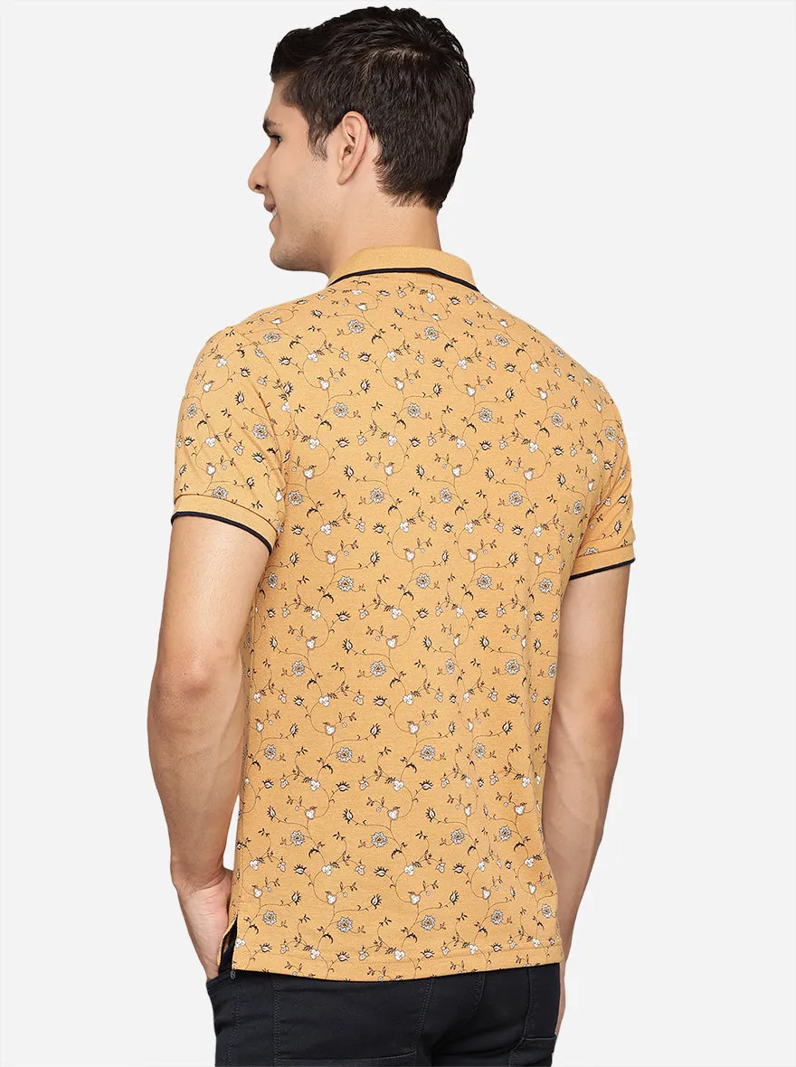 Mustard Yellow Printed Slim Fit Polo T-Shirt | Greenfibre