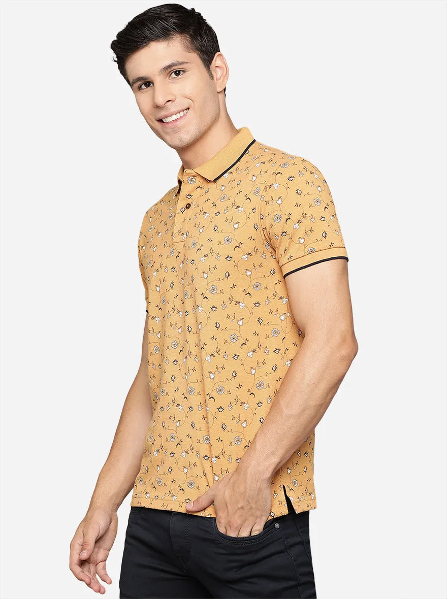 Mustard Yellow Printed Slim Fit Polo T-Shirt | Greenfibre