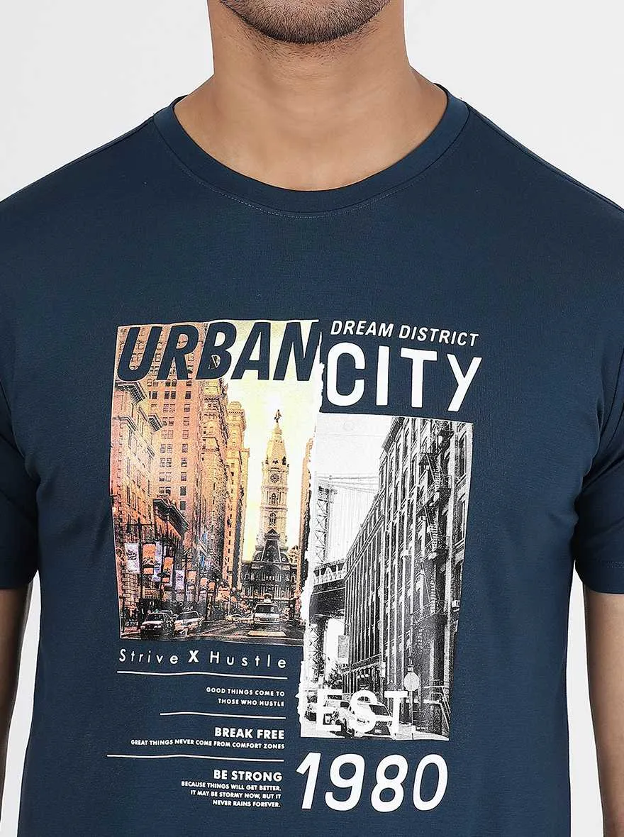 Navy Blue Printed Slim Fit T-Shirt | JadeBlue