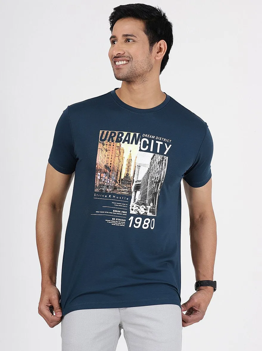 Navy Blue Printed Slim Fit T-Shirt | JadeBlue